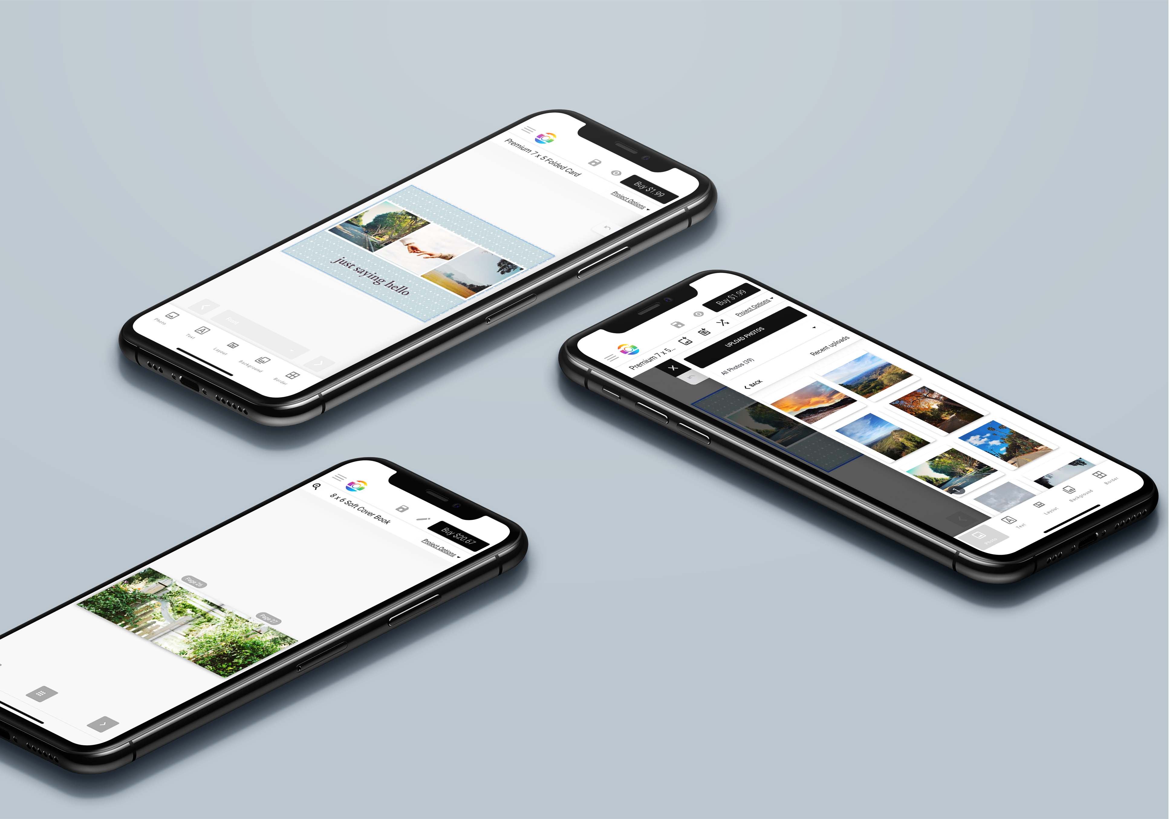 iPhone mockups of three phones using the Mimeo Photos iOS app.