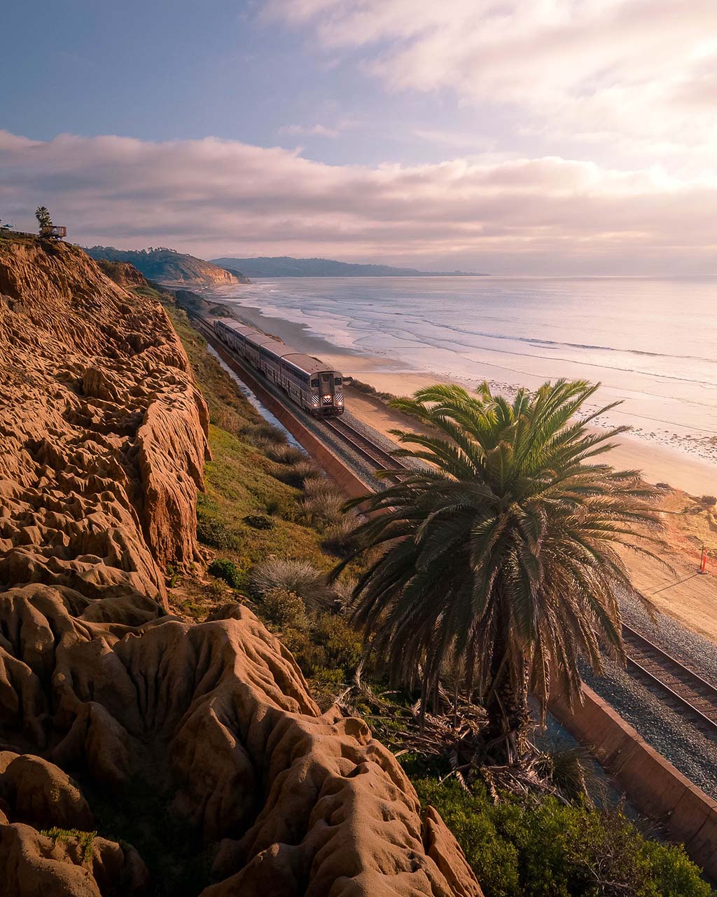 train drone shot on the california coast