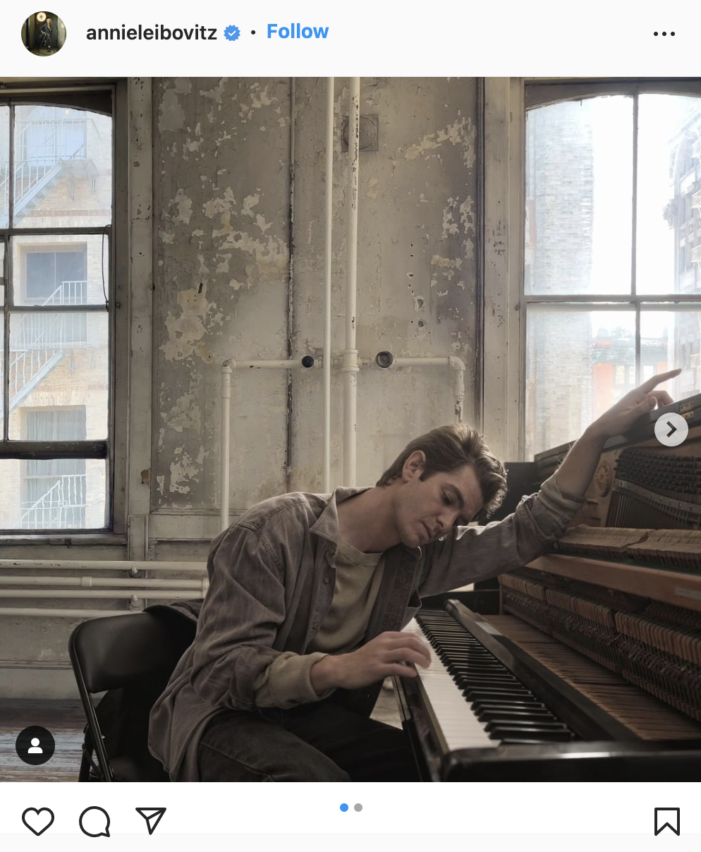 andrew garfield leaning over piano shot by annie leibovitz