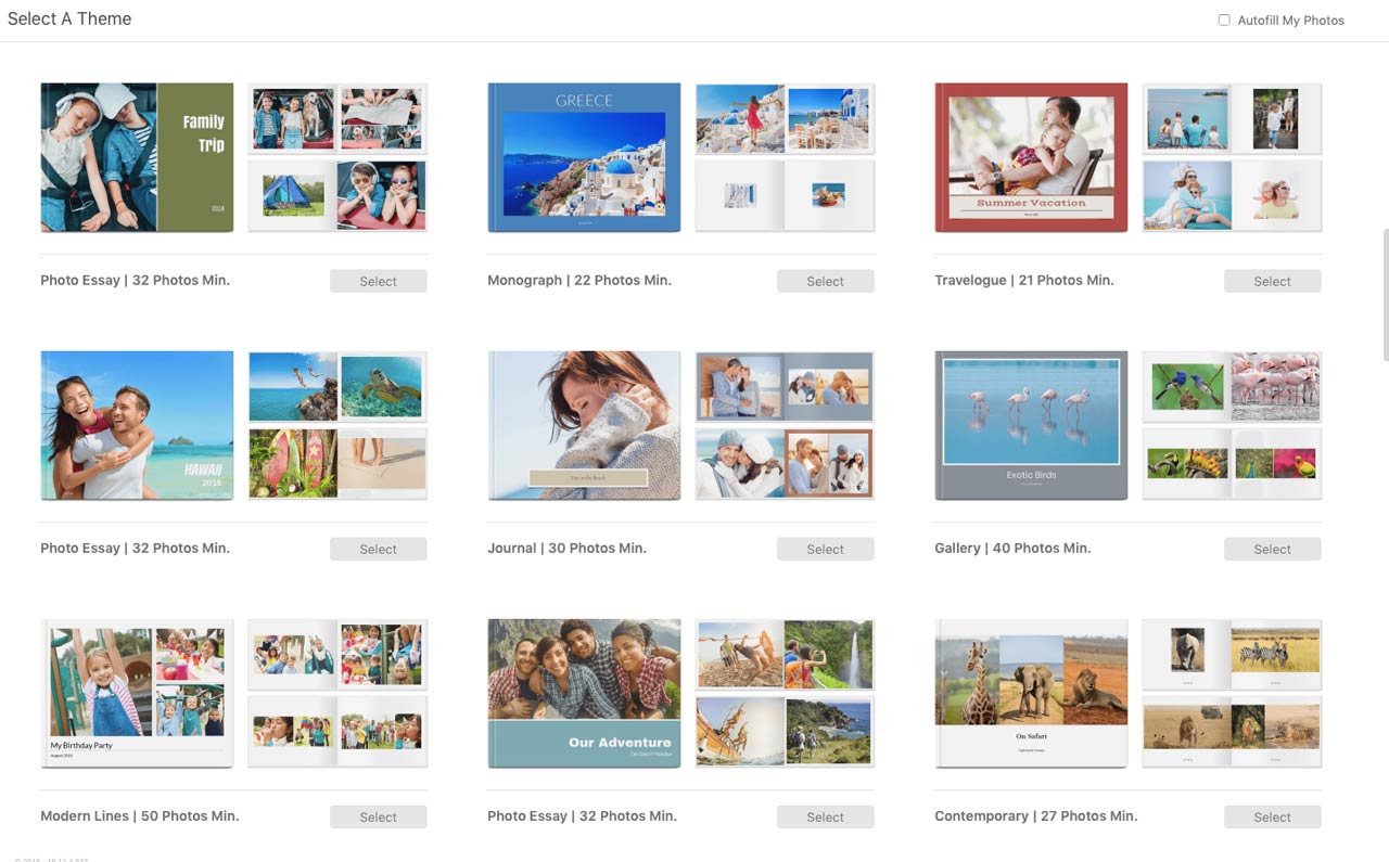 Screenshot of the Mimeo Photos themes available for photobooks.