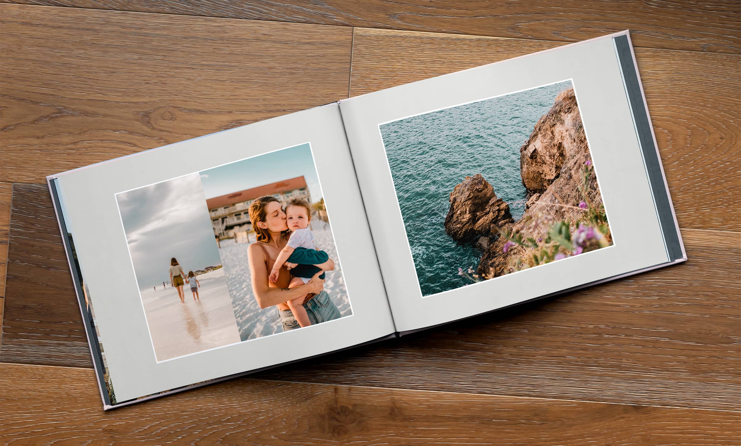 hardcover photobook with images of the ocean and family