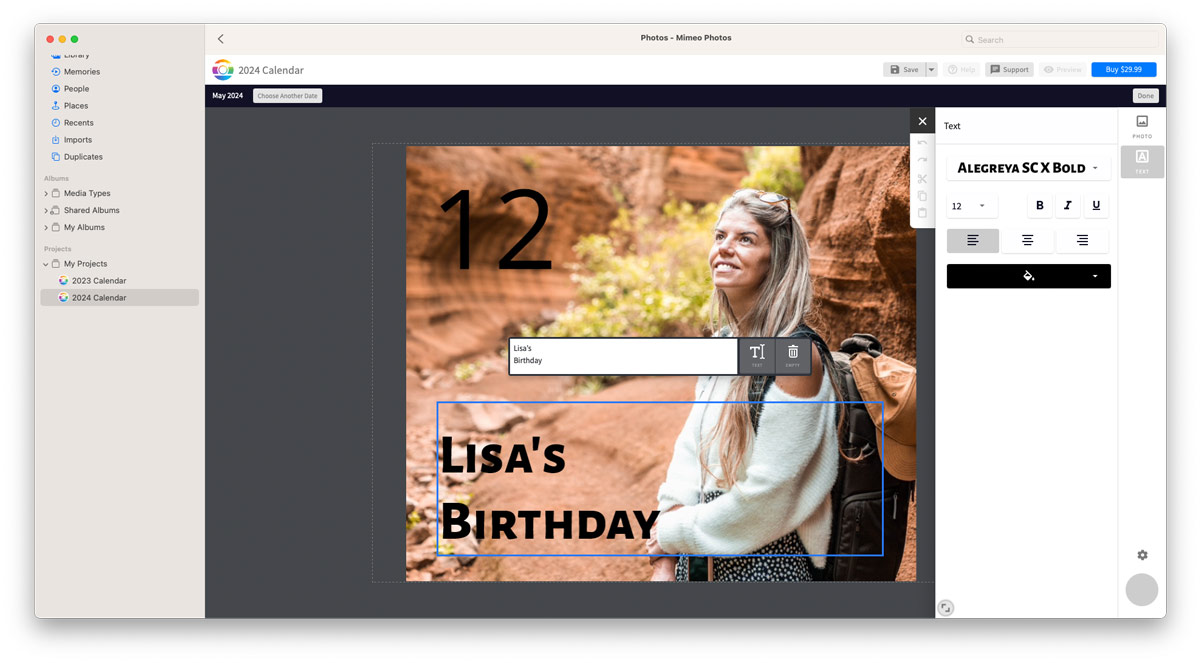 Screenshot showing how to customize calendar events in the Mimeo Photos for Mac app