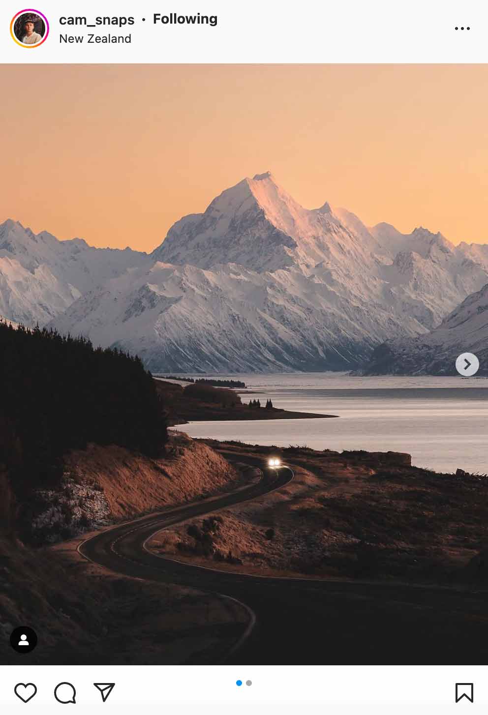 new zealand with snow mountains and car