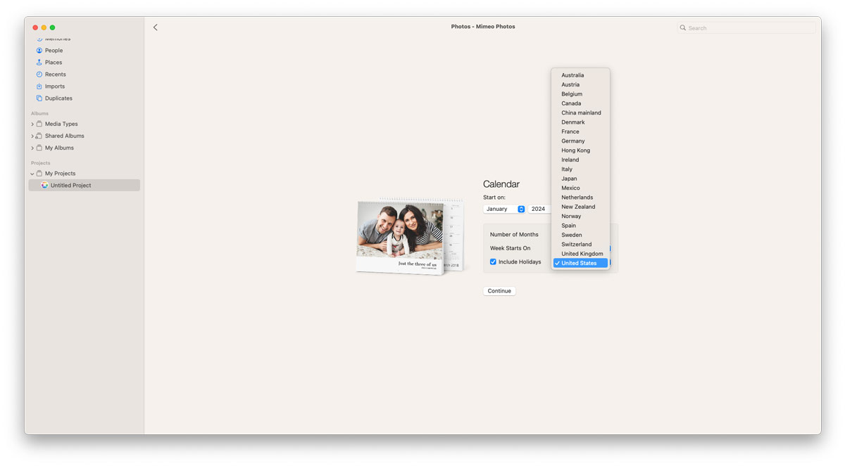 Mimeo Photos for Mac app screenshot showing how to change local holidays for your custom calendar