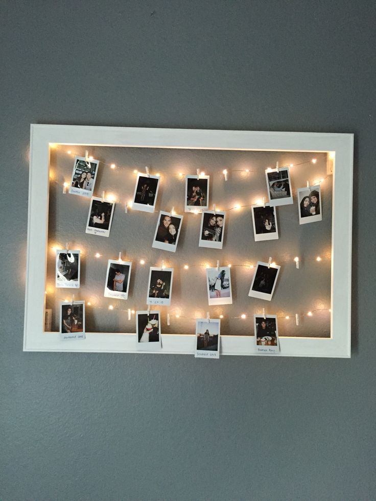 Photo board with String Lights and Clothespins 