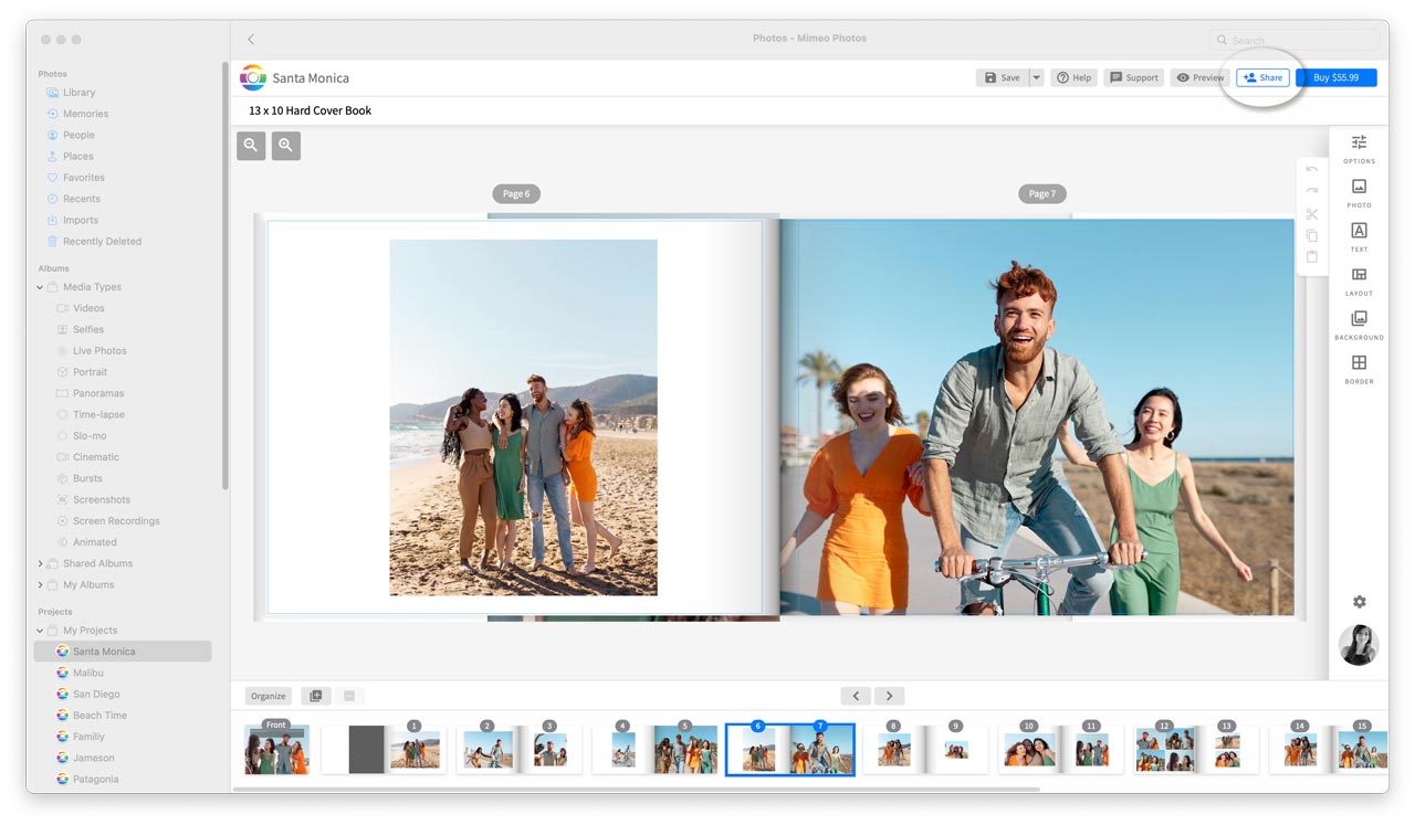 Click the new Share button within Mimeo Photos for Mac to share your hardcover photo book project.
