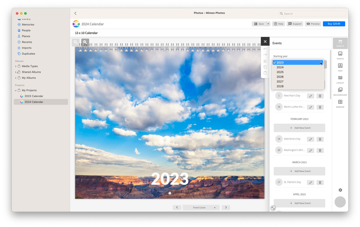 Mimeo Photos for Mac app screenshot showing how to change the starting year of a duplicated calendar project.