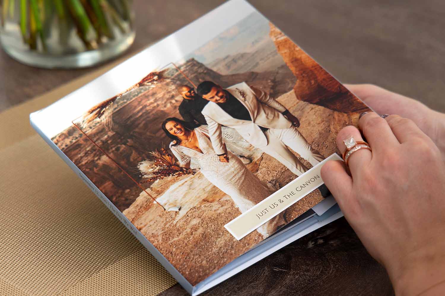Wedding photo book showing a recently married couple